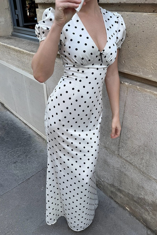 Polka Dot Deep V-Neck Puff Sleeve Ribbon Bow Bodycon Maxi Dress