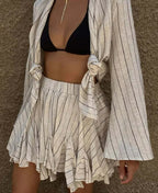Beige Striped Pleated Mini Office Two Piece Set