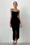Square Neck Spaghetti Strap Velvet Front Slit Bodycon Midi Dress
