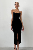 Square Neck Spaghetti Strap Velvet Front Slit Bodycon Midi Dress