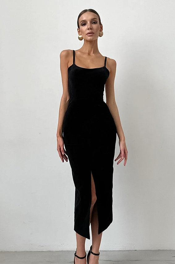 Square Neck Spaghetti Strap Velvet Front Slit Bodycon Midi Dress
