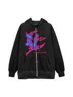 Vintage Graphic Print Zip Up Oversized Hoodie