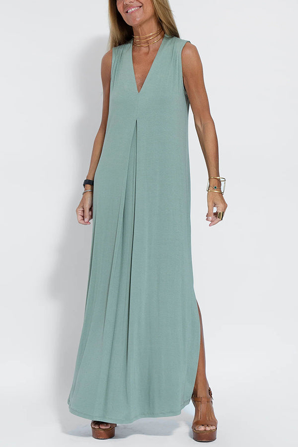 Deep V-Neck Center Pleat Sleeveless Flowy Maxi Dress