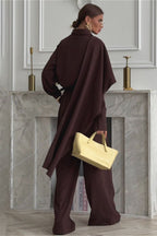 Vintage Chic Lapel Scarf Top & Wide Leg Pants Two Piece Set