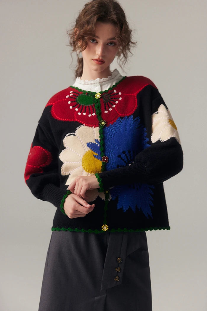 Vintage Floral Embroidered Knit Cardigan