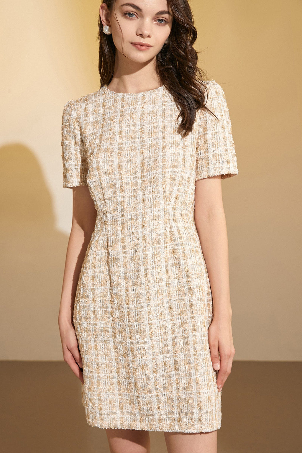 Tweed Grid Pattern Short Sleeve Crew Neck A-Line Mini Dress