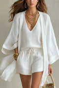 Linen Blend Solid Color V-neck Vest Loose Cardigan and Elastic Waist Pocket Casual Shorts Three-piece Set
