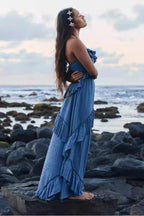 V-Neck Ruffled Spaghetti Strap Tiered Crinkle Texture Summer Maxi Dress