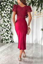 Romilly Elevated Dreamy, Luxurious Lace and Satin Ruffle Sleeve Patchwork Midi Dress Statement Occasion Edit