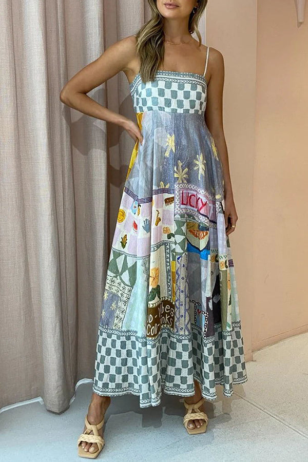 Gingham Trim Patchwork Graphic Print Square Neck Spaghetti Strap Maxi Dress