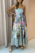 Gingham Trim Patchwork Graphic Print Square Neck Spaghetti Strap Maxi Dress