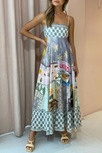 Gingham Trim Patchwork Graphic Print Square Neck Spaghetti Strap Maxi Dress
