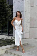 Satin Spaghetti Strap V-Neck Button Front Slip Midi Dress
