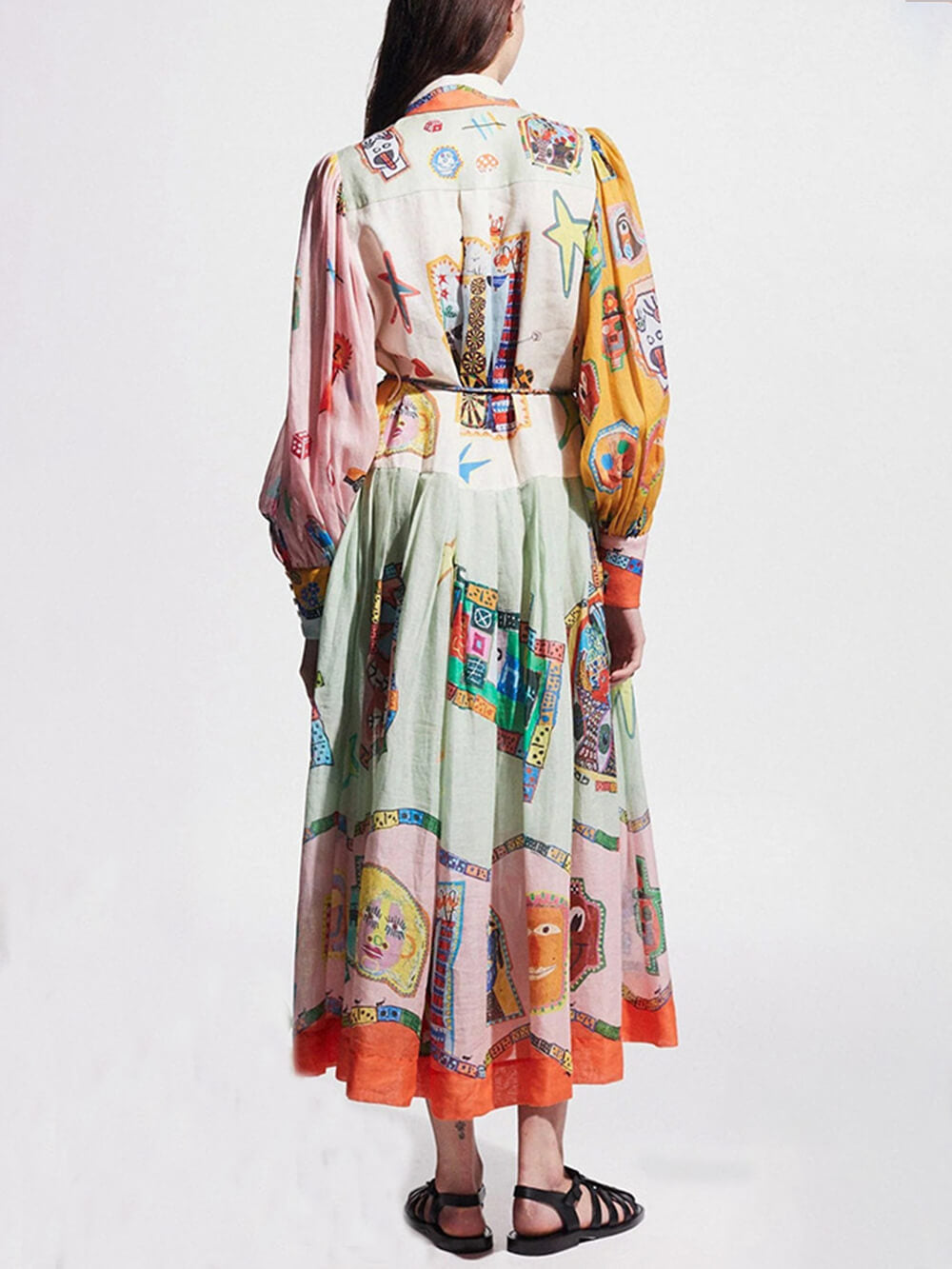 Long Sleeve Button Front Tie Belt Graphic Print Pleated Midi Shirt Dress