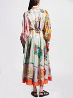 Long Sleeve Button Front Tie Belt Graphic Print Pleated Midi Shirt Dress