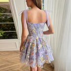 3D Floral Applique Tie Shoulder Tulle Corset A-Line Mini Dress