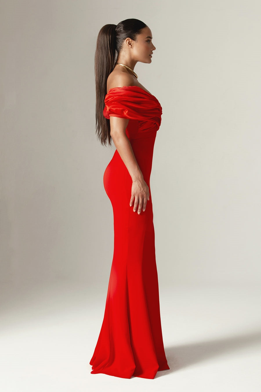 Off Shoulder Draped Satin Bodice High Split Column Maxi Gown