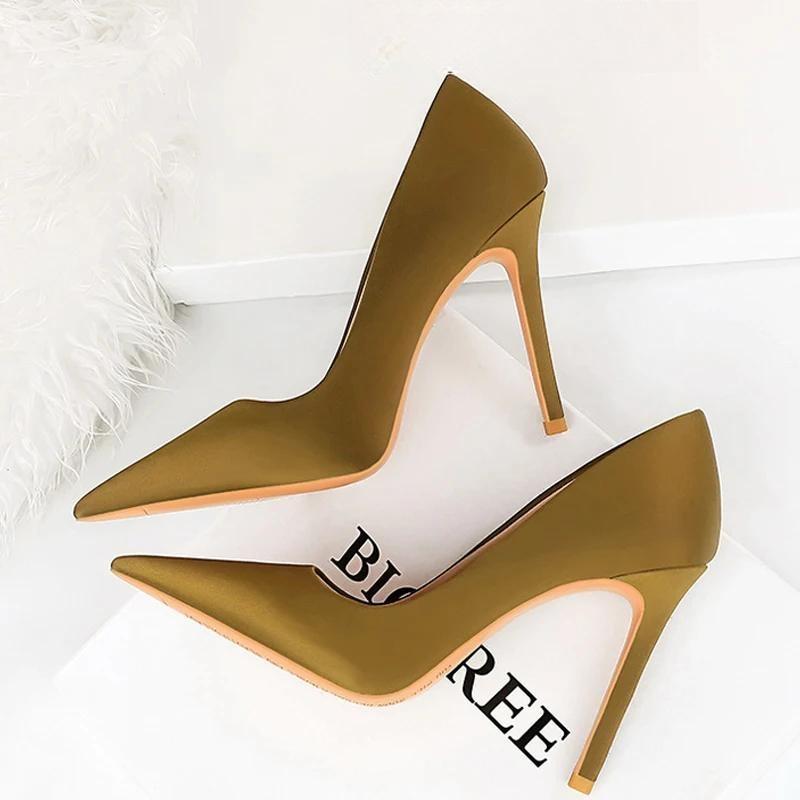 High Heels Women Pumps Pointed Shoes Lady Silks Satins