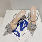 Silver String Bead Crystal Buckle Women Pumps with Pointed Toe and Low Heels