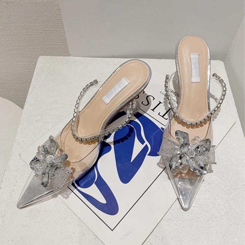 Silver String Bead Crystal Buckle Women Pumps with Pointed Toe and Low Heels