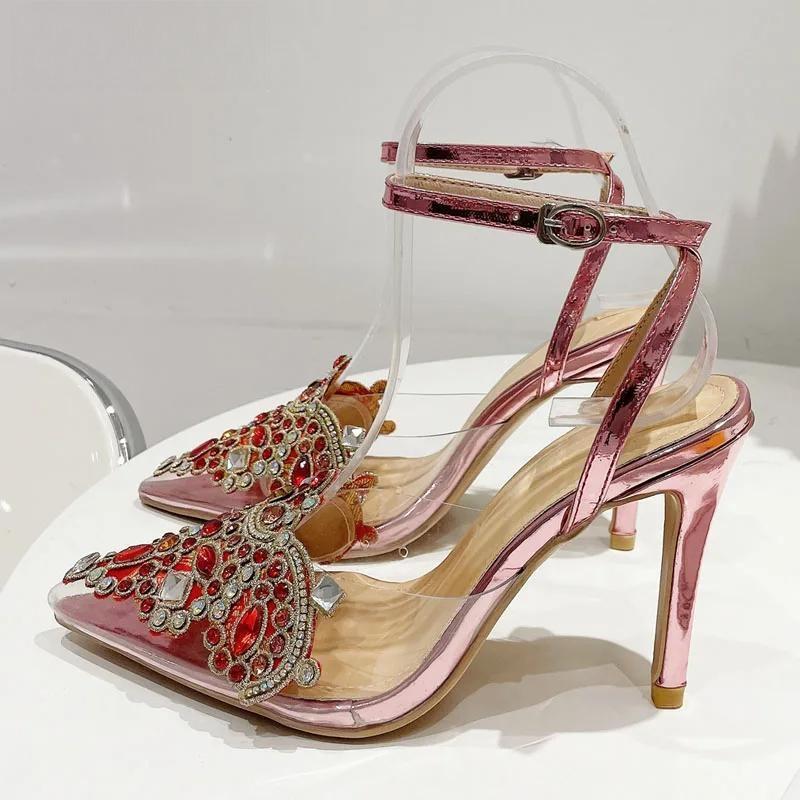 Transparent PVC Women Pumps with Sexy String Bead Crystal High Heels