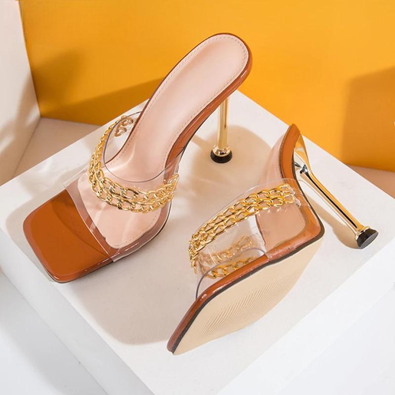 Summer Chain Women Slippers Sandals with Thin High Heels