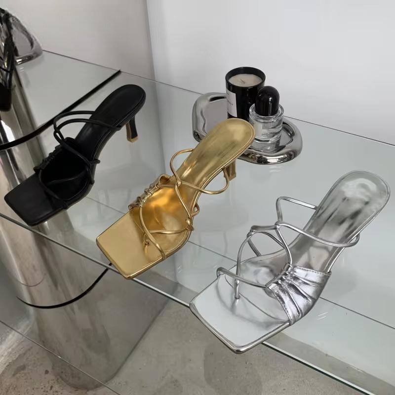 Gold Narrow Band Women Slipper with Square Pinch Toe and Low Heel