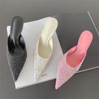 Sexy Party Prom Rivet Women Slippers with Pointed Toe and Thin High Heels