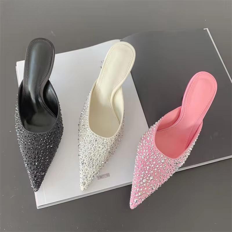 Sexy Party Prom Rivet Women Slippers with Pointed Toe and Thin High Heels