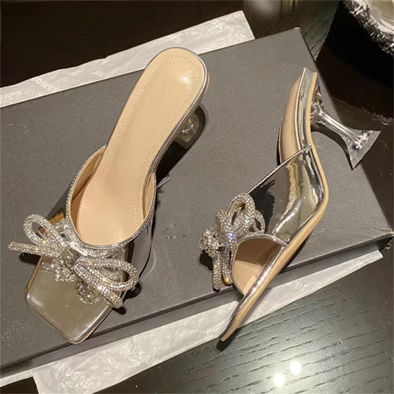 Crystal Butterfly-knot Slippers Women Fashion Square Toe Transparent Low Heels