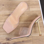 Transparent PVC Square Toe High Heel Slippers Pumps Mules Sandals for Women Lady