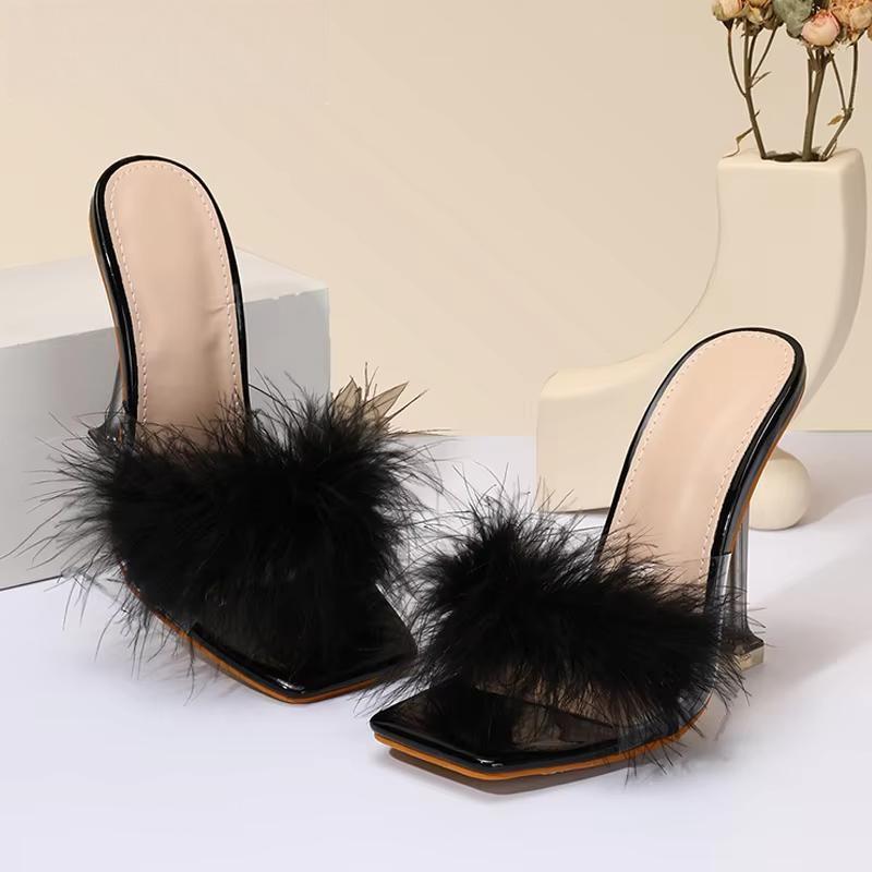Feather Transparent High Heel PVC Shoes Slippers for Women with Fur Pumps