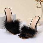 Feather Transparent High Heel PVC Shoes Slippers for Women with Fur Pumps
