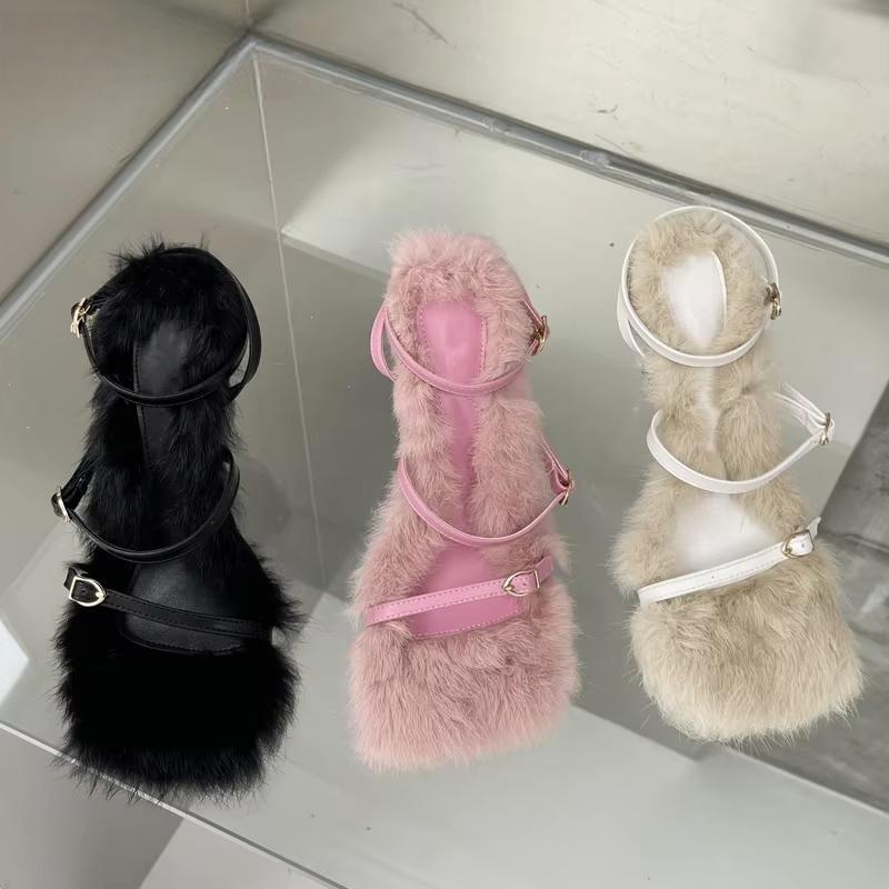 Plush Fur Fuzzy Sandals with Thin Heels for Women