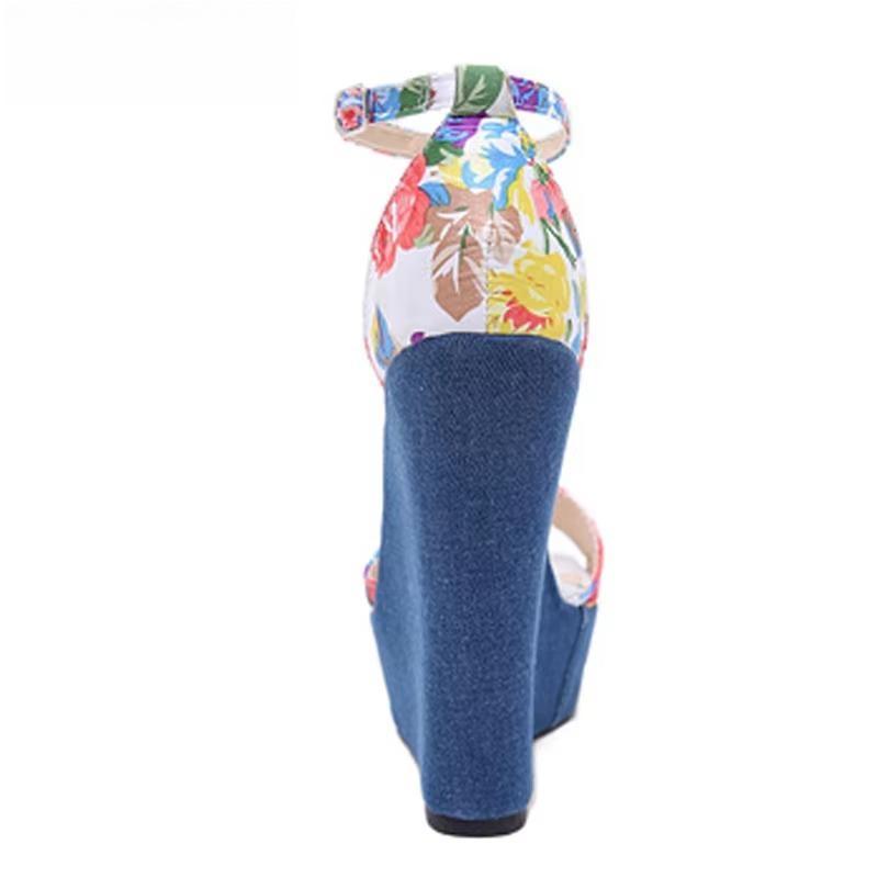 Print Denim Roman Wedges High Heels Sandals for Women by Fashion Designer