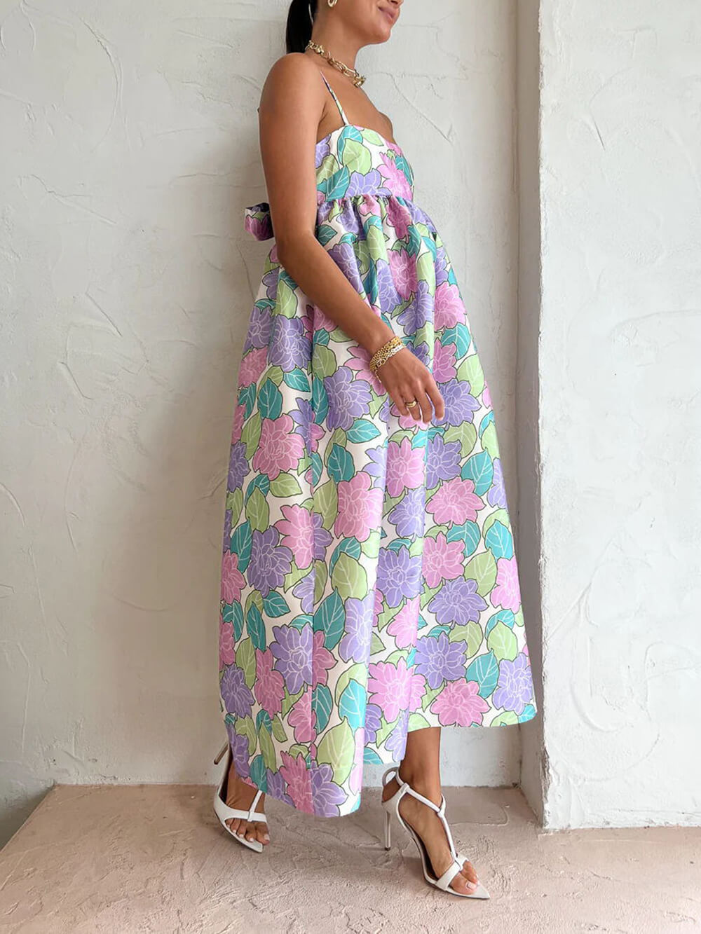Square Neck Spaghetti Strap Empire Waist Tropical Floral Babydoll Midi Dress