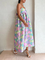 Square Neck Spaghetti Strap Empire Waist Tropical Floral Babydoll Midi Dress