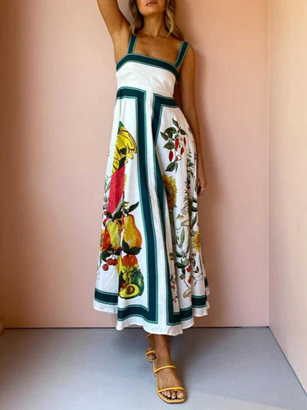 Botanical Fruit Print Square Neck Contrast Trim A-Line Maxi Dress