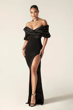 Off Shoulder Draped Satin Bodice High Split Column Maxi Gown