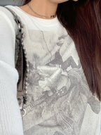 Vintage Print Ribbed Loose Long Sleeve Knit