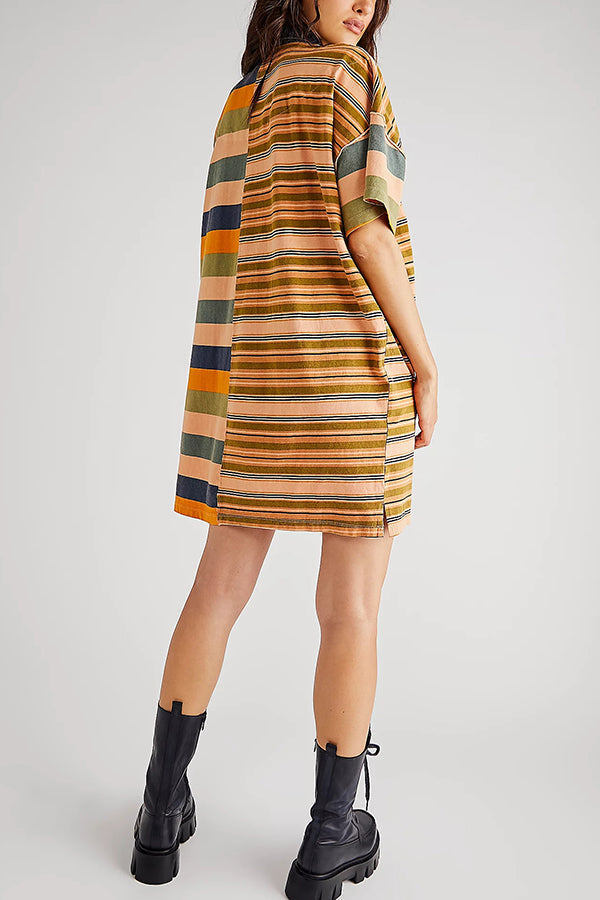 Denim Collar Striped Patchwork Polo Rugby Mini Dress