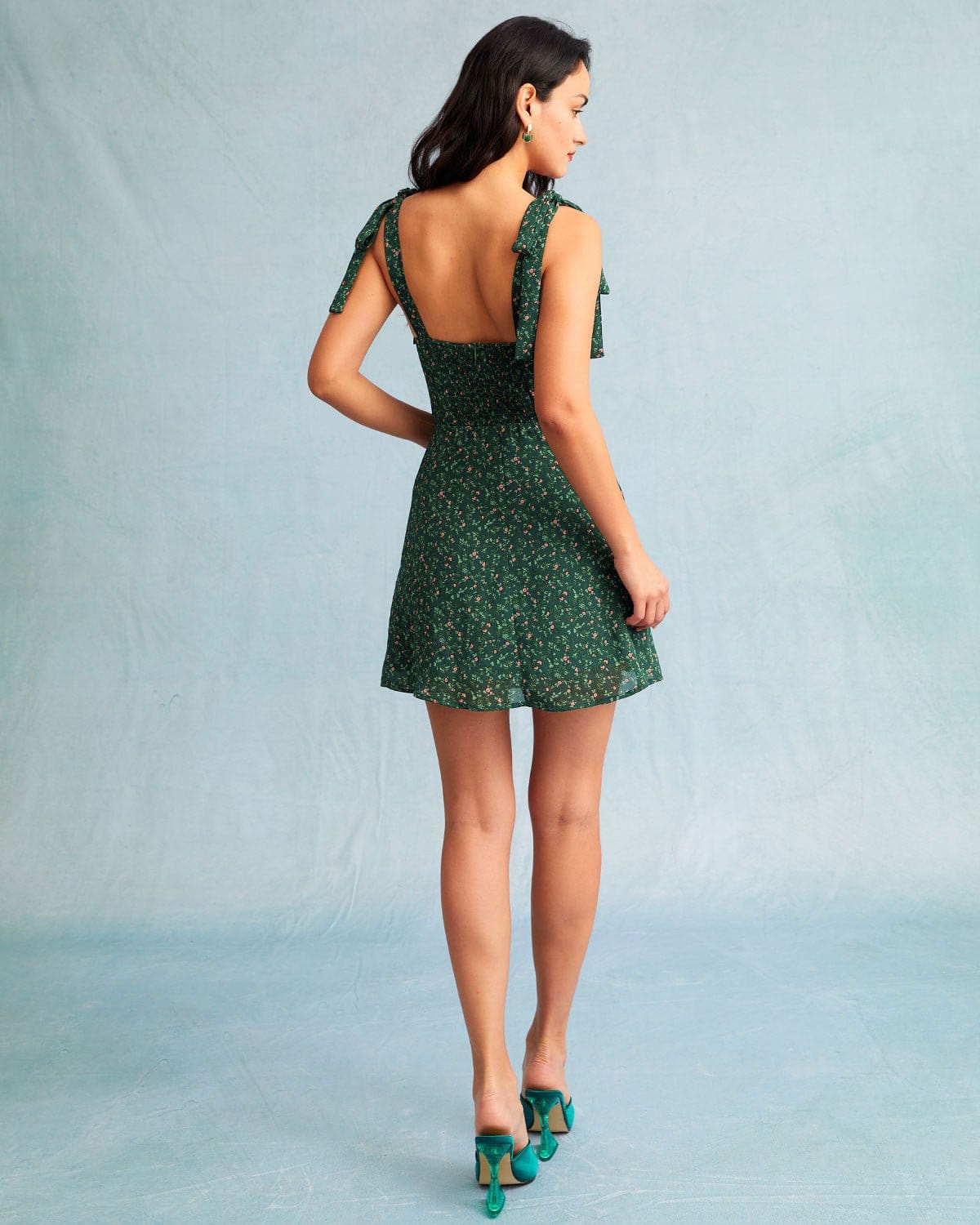 Sweetheart Neck Bow Tie Strap Ditsy Floral Print Slip Mini Dress