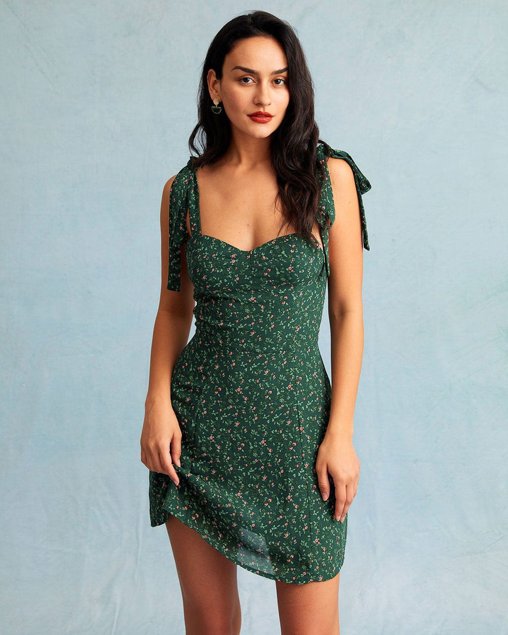 Sweetheart Neck Bow Tie Strap Ditsy Floral Print Slip Mini Dress