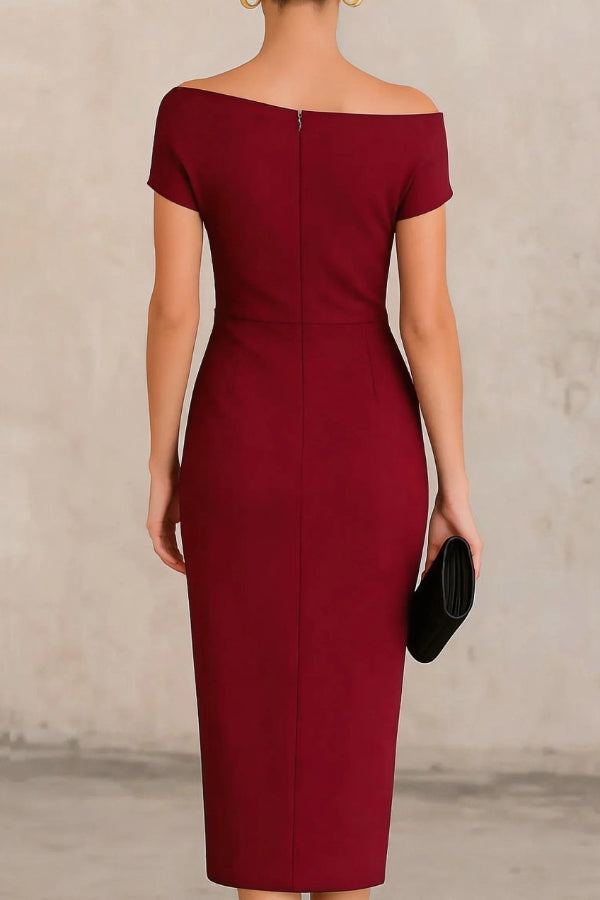 Solid Color Short-sleeved Fitted Waist Pleated Elegant Midi Dress