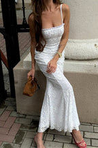 Lace Spaghetti Strap Ruffle Neck Mermaid Maxi Dress