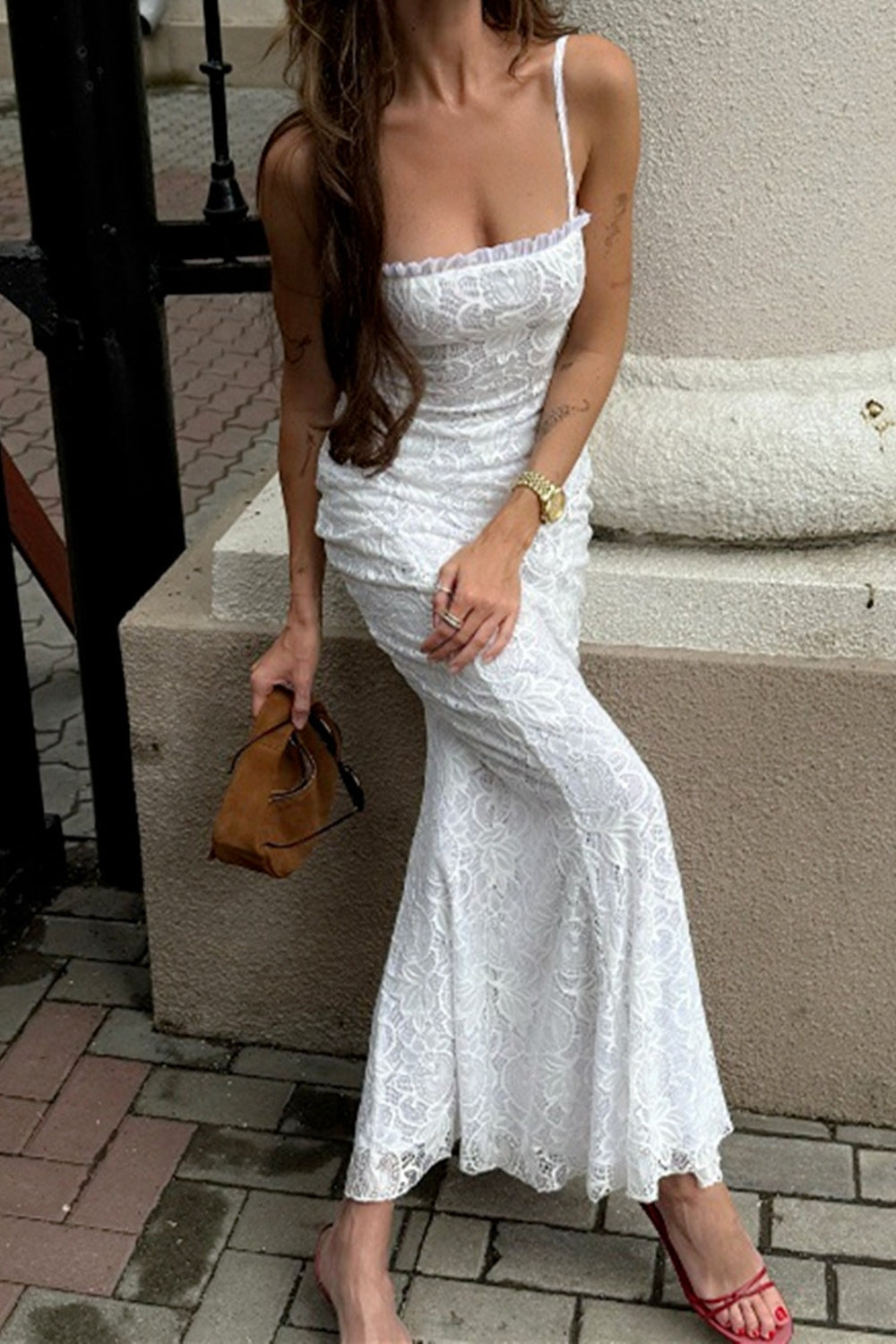 Lace Spaghetti Strap Ruffle Neck Mermaid Maxi Dress