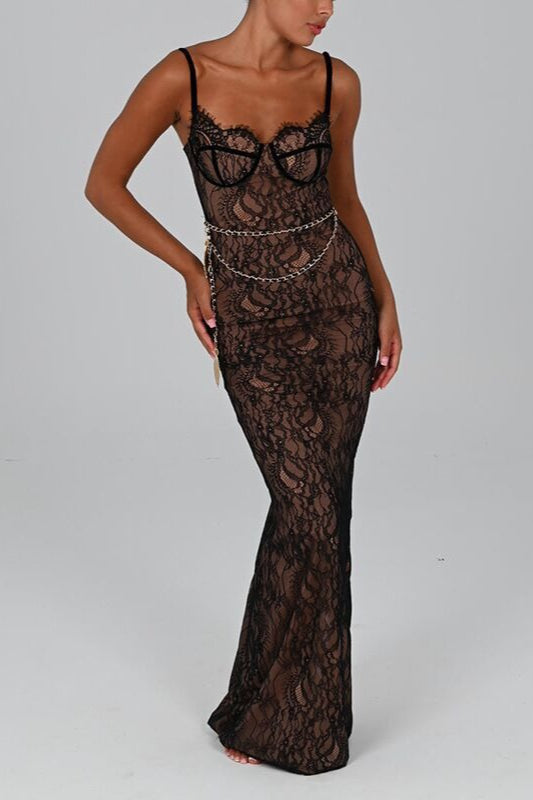 Floral Lace Sweetheart Spaghetti Strap Bustier Bodycon Maxi Dress