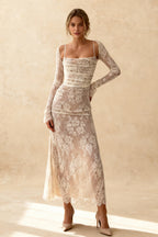 Floral Lace Square Neck Spaghetti Strap Ruched Long Sleeve Bolero Maxi Dress