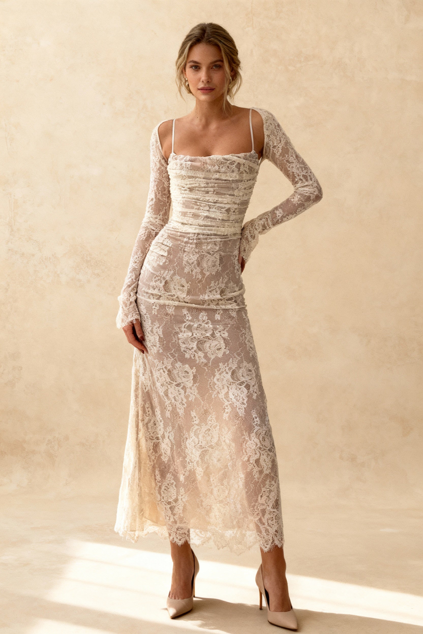 Floral Lace Square Neck Spaghetti Strap Ruched Long Sleeve Bolero Maxi Dress