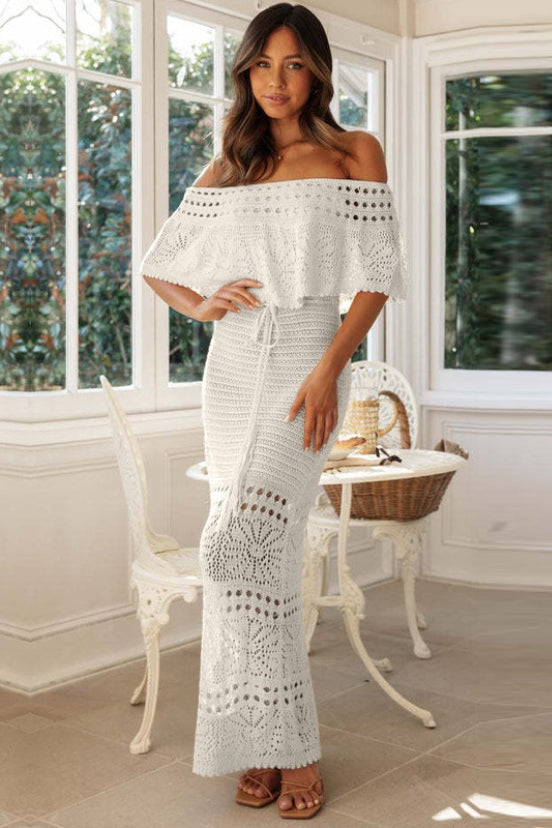 Off Shoulder Crochet Knit Drawstring Waist Tassel Maxi Dress